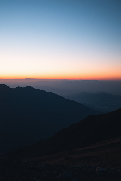 Generate a high-quality image of a minimalist mountain landscape at twilight with soft gradient colors in the sky, using a Canon EOS R camera, 35mm lens, f/2.8 aperture, ISO 100, and a low-angle perspective.