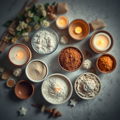 Wide overhead shot of a flatlay with assorted natural candles, bowls of various powders and bath materials, soft lighting for a warm ambiance, f/2.8 aperture, ISO 100, 50mm lens, DSLR camera, shallow depth of field for a blurred background.
