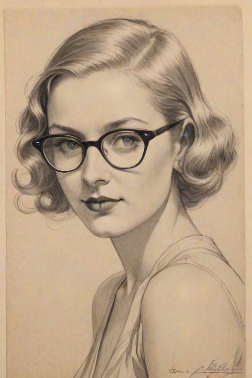 Fetching Daisy Edgar-Jones, pencil sketch, portrait of Graceful woman 1934s in glasses, hair style beatnik, outline, clear lines, fine lines, 8k