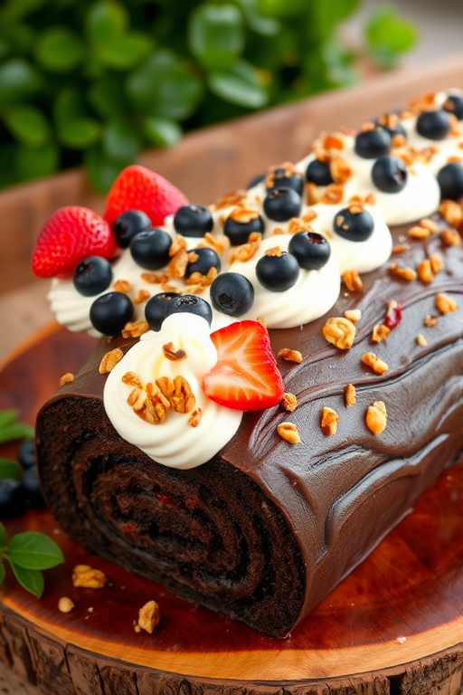 Chocolate log cake decorated with fresh fruits like strawberries and blueberries topped with cream and nuts on a rustic wooden table with green foliage in the background.