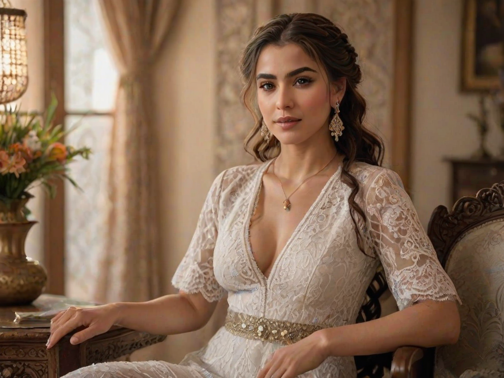 Create a portrait of a refined and elegant Kurdish woman seated in a sophisticated setting. She has long, wavy hair styled in two thick braids that are pulled over her shoulders. She wears a white, lace gown with intricate patterns, featuring a deep V-neckline and short sleeves. The dress exudes a vintage charm with its delicate lacework. She is adorned with ornate, dangling earrings that add a touch of glamour to her appearance. The background is softly lit, with warm, ambient lighting that creates a cozy and inviting atmosphere. Her expression is poised and serene, capturing a sense of grace and elegance.