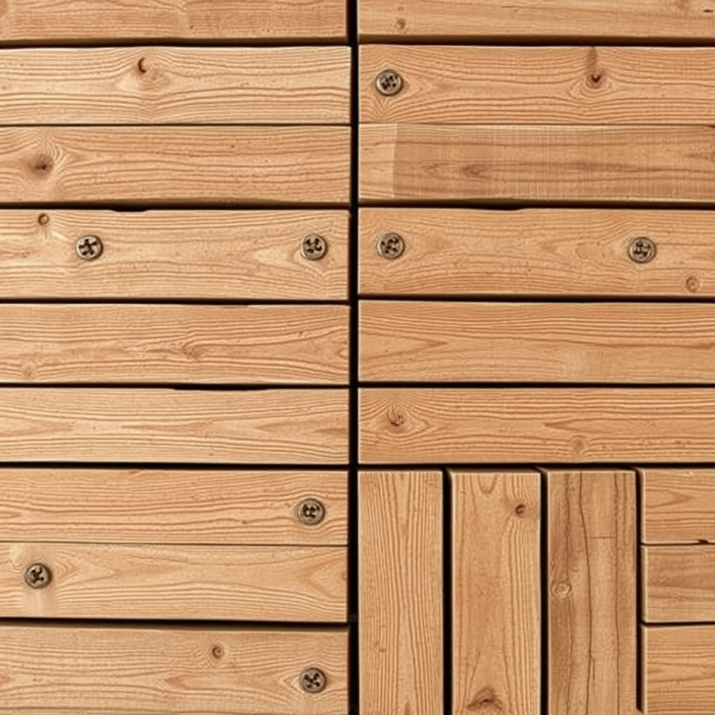 Create a high-resolution texture of wooden planks arranged in various sized rectangles with visible screws, shot with a DSLR camera at f/8 aperture, 50mm lens, ISO 100, in natural light, top-down view, with a focus on depth and detail to enhance the wood grain and texture.