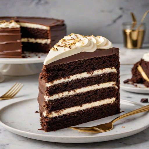 Create an image of a layered chocolate cake with cream frosting, showcasing a slice cut out to reveal the rich layers inside. The cake is on a marble countertop with a simple background, and there's a gold fork next to the plate.