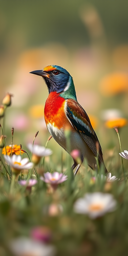 A colorful bird standing in a field of grass and flowers, captured with a Canon EOS 5D Mark IV, 70-200mm lens at f/4, ISO 200, shutter speed 1/500s, soft focus background, natural sunlight, eye-level view.