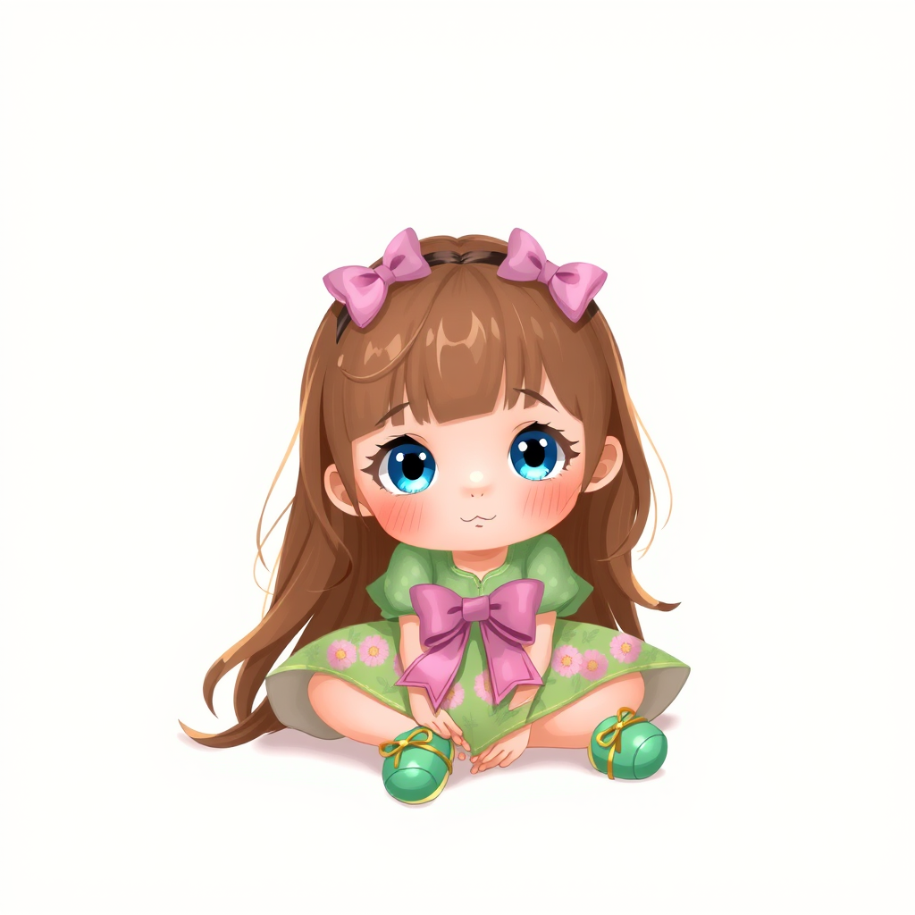 digital illustration of a kid girl with brown hair and blue eyes, sitting on the floor with her legs crossed and her hands resting on her knees. she is wearing a green floral dress with a pink bow on the front and a pair of green shoes with gold ribbon. She has a pink bows on her head. The background is a light beige color with a subtle texture. whimsical and dreamy.The color scheme is soft and muted pastel.