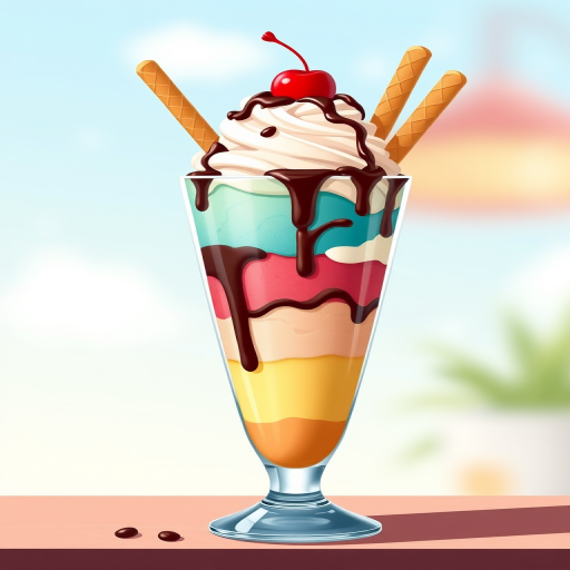 Create a vibrant illustration of a delicious ice cream sundae in a tall glass, showing layers of different colored ice creams topped with whipped cream, chocolate sauce, a cherry, and decorative wafer sticks, shot with a DSLR camera at f/2.8 aperture, ISO 100, 35mm lens, in natural light with a shallow depth of field to enhance details and colors.