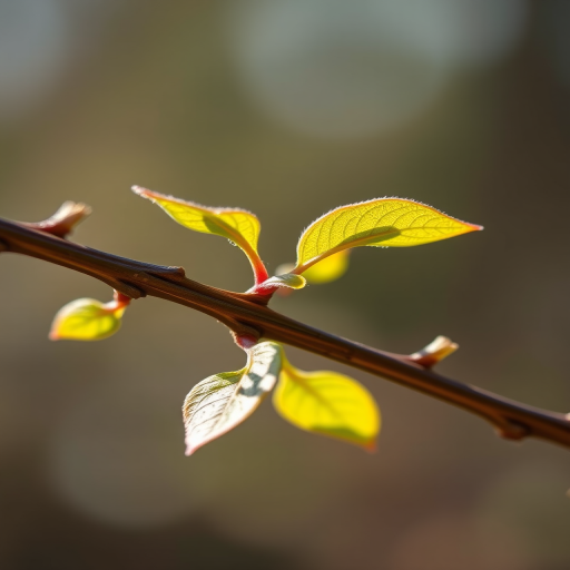 generate a detailed close-up of a single delicate twig with leaves, natural lighting, f/2.8 aperture, ISO 100, 50mm lens, macro photography, DSLR camera