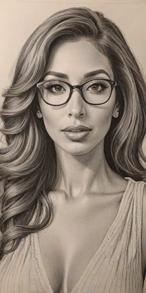 Stunning Farrah Abraham, pencil sketch, portrait of Comely woman 1933s in glasses, hair style beatnik, outline, clear lines, fine lines, 8k