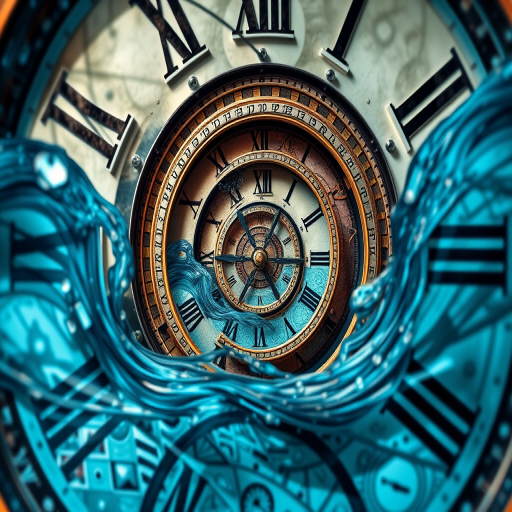 Create a highly detailed surrealistic image of an intricate clock with spiral elements and a blend of water and clock faces in the background, captured with a Canon EOS R5, 24mm lens, f/2.8 aperture, ISO 100, 1/125s shutter speed, using HDR photography style to enhance dynamic range and clarity.