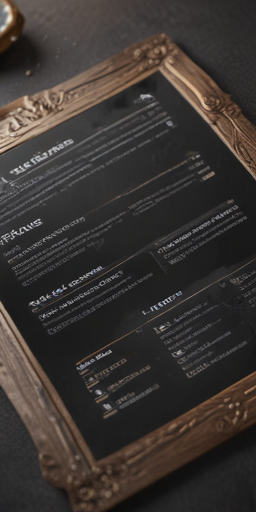 Matte Menu Intricately Designed Menu Displayed on a Decorative Framed Black Background