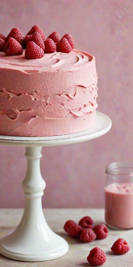 Generate an image of a layered cake with a smooth pink frosting. The cake should have a light yellow sponge base, a raspberry filling, and be decorated with fresh raspberries on top. The texture of the frosting should be soft and creamy, with a few decorative swirls. The setting should be simple and elegant, highlighting the cake as the main focus.