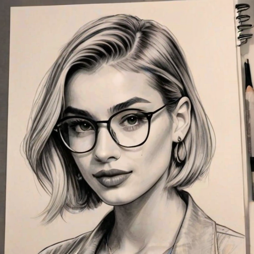 Superb Hailey Bieber, pencil sketch, portrait of Stunning woman 1930s in glasses, hair style beatnik, outline, clear lines, fine lines, 8k