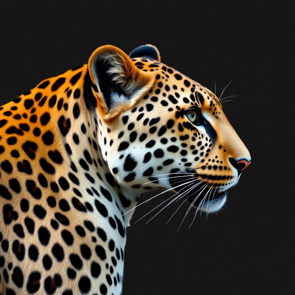 Create a high-resolution side view illustration of a leopard with a smooth, textured coat showing distinct spots, captured with a DSLR camera at an aperture of f/4, ISO 100, shutter speed 1/250s, using a portrait lens for enhanced detail and clarity.