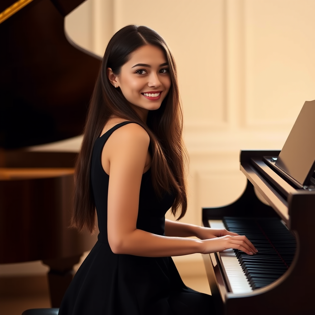 A young woman with long, dark hair smiles at the viewer as she sits at a grand piano, her right hand poised over the keys. The scene is lit by warm, natural light, highlighting the elegant simplicity of the woman's black dress. The perspective is from the side, emphasizing the contrast between the woman's delicate form and the grand scale of the piano. The ivory keys and dark wood of the piano create a striking visual contrast, further emphasized by the rich black of her dress.