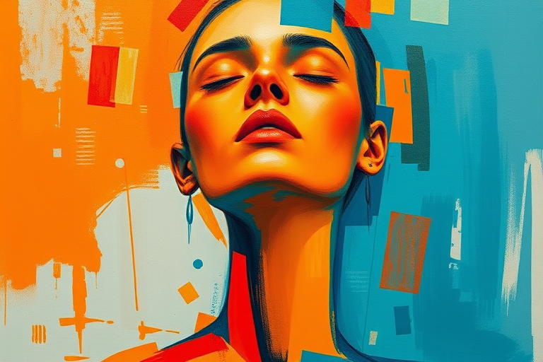 Create a vibrant abstract painting of a figure with a blended color palette of orange and blue, featuring geometric shapes that convey emotion, captured using a DSLR camera, 50mm lens, f/1.8 aperture, ISO 200, natural lighting, shallow depth of field.