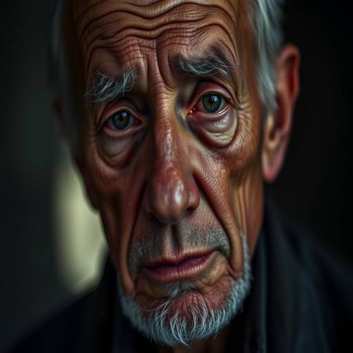 Create a portrait of an elderly man with a deep expression of sadness, using low-key lighting to enhance the texture of his skin, shot at f/1.8 aperture, 85mm lens, ISO 100, and a Canon EOS R5 camera for high detail and clarity.