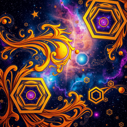 Create a vibrant abstract space image featuring swirling golden patterns and hexagonal shapes against a cosmic background with stars and nebulae, captured with a DSLR camera at f/2.8, ISO 100, 24mm lens, in a macro style.