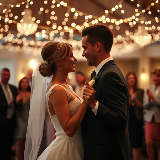 Blurry, candid photo of a wedding couple sharing a first dance under twinkling fairy lights, soft glow illuminating their faces, distant guests clapping and smiling, soft music filling the air, a moment of pure joy captured.