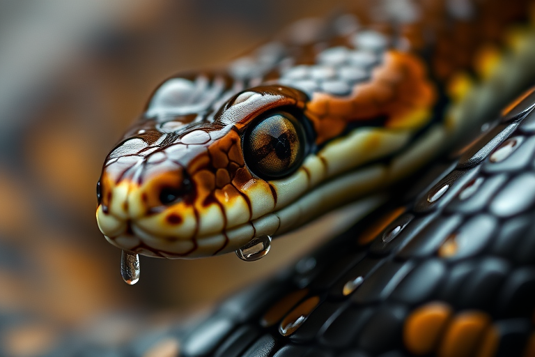 close-up of a snake with detailed scales and raindrops on its skin, shallow depth of field, soft background blur, 50mm f/1.8 lens, ISO 200, 1/200 sec, natural light, macro photography