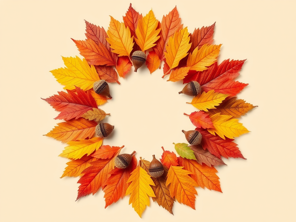 Create a high-resolution digital illustration of a circular arrangement of colorful autumn leaves and acorns on a soft beige background, using a Canon EOS 5D Mark IV with an 85mm f/1.2 lens, aperture set to f/2.8, ISO 100, and a soft focus camera style for an elegant and vibrant look.