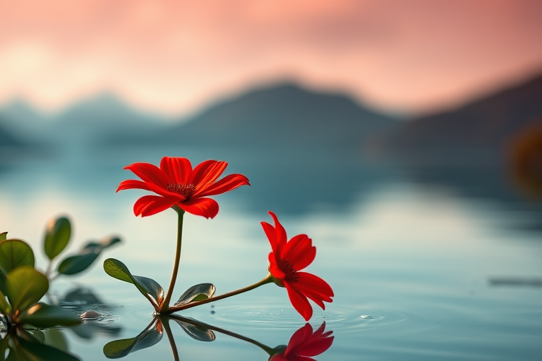Generate an image of two vibrant red flowers on a calm water surface, with a blurred mysterious background featuring silhouettes of mountains, shot with a Canon EOS R5, 50mm lens at f/1.8, ISO 100, with soft natural lighting to enhance the colors and depth.