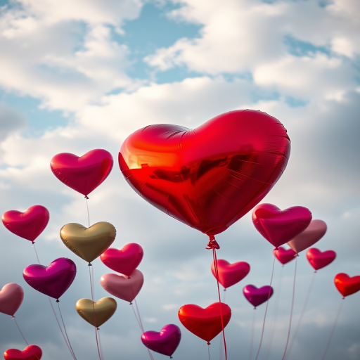 Create a high-resolution image of a large red heart balloon surrounded by smaller colorful heart balloons in a dreamy sky filled with fluffy clouds, using a Canon EOS R5 with a 50mm f/1.2 lens, settings at ISO 100, aperture f/2.8, and shutter speed 1/200s, in a soft focus style for a romantic atmosphere.