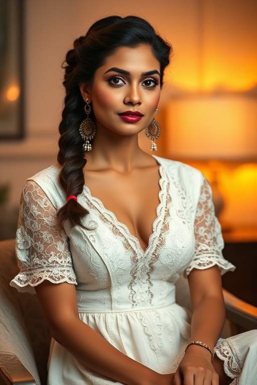 Create a portrait of a refined and elegant Pakistani woman seated in a sophisticated setting. She has long, wavy hair styled in two thick braids that are pulled over her shoulders. She wears a white, lace gown with intricate patterns, featuring a deep V-neckline and short sleeves. The dress exudes a vintage charm with its delicate lacework. She is adorned with ornate, dangling earrings that add a touch of glamour to her appearance. The background is softly lit, with warm, ambient lighting that creates a cozy and inviting atmosphere. Her expression is poised and serene, capturing a sense of grace and elegance.