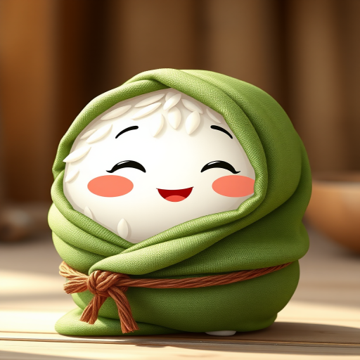 Create a cute cartoon illustration of a smiling rice ball character wrapped in a green cloth with a brown belt, using a DSLR camera, aperture f/2.8, ISO 200, 50mm lens, and soft natural lighting to enhance color vibrancy and details.