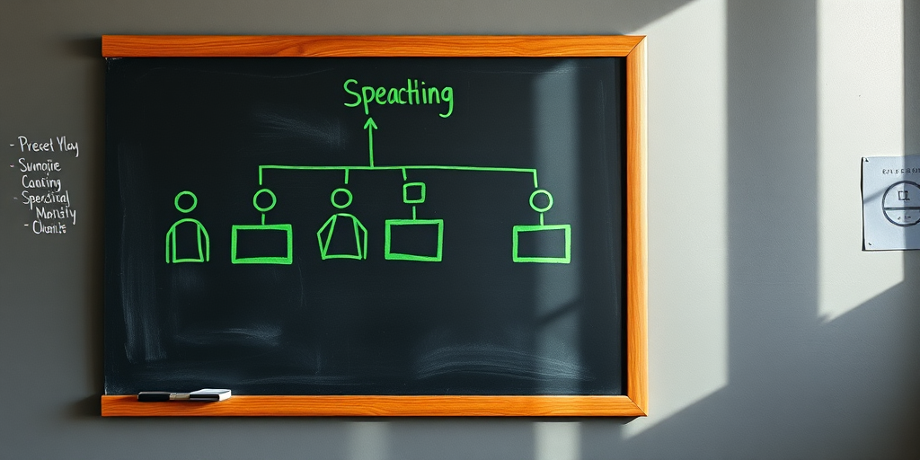 Create an image of a chalkboard organizational chart with stick figure drawings in green, captured with a DSLR camera at f/2.8, ISO 100, 50mm lens, shot from a straight-on view to enhance clarity and detail.