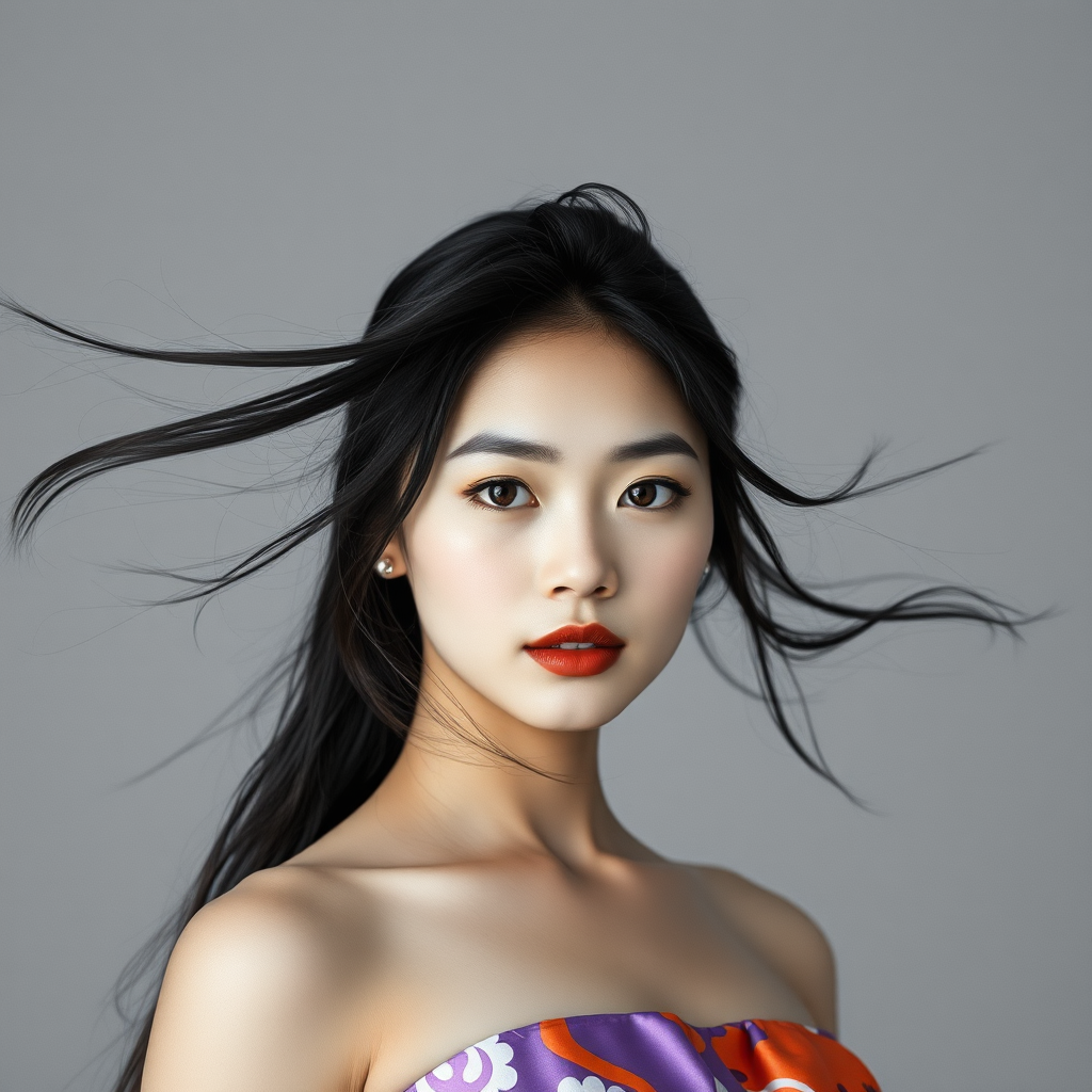 Photographic image of a beautiful young Ainu woman, brown eyes, lips with brown lipstick, long hair fluttering in the wind and wearing a silk strapless dress with a soft purple and orange print. monochrome image with only color highlights in the iris of the eyes, lipstick and dress. Gray background.