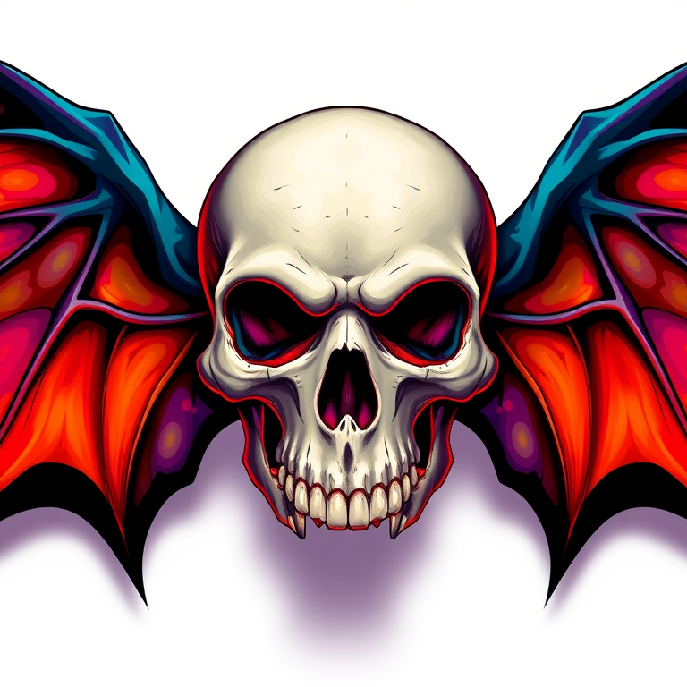 Create a vibrant, high-resolution illustration of a skull with colorful bat wings, using a Canon EOS 5D Mark IV, 50mm lens, f/4 aperture, ISO 100, and shot from a straight-on view to enhance details and colors.
