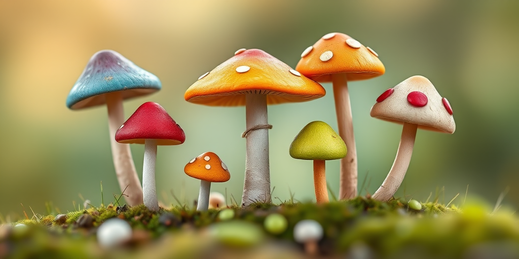 Create a vibrant illustration of five whimsical mushrooms in various colors and shapes with a soft focus background, using a DSLR camera, f/2.8 aperture, 50mm lens, ISO 100, natural light, and a macro view to enhance detail and texture.