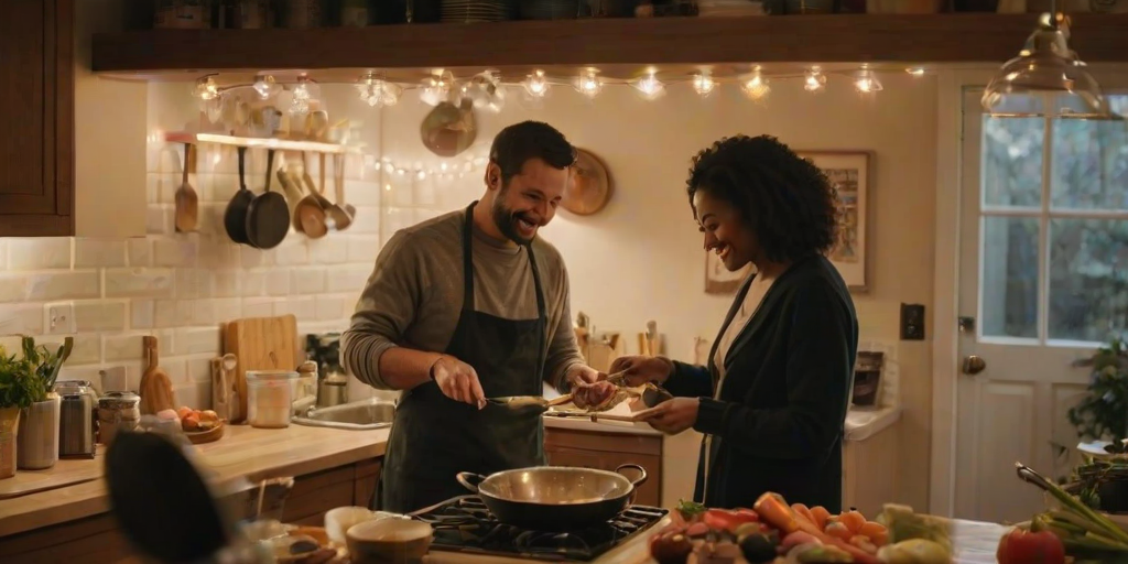 Warm, intimate image of a couple cooking dinner together in a cozy kitchen, soft glow from overhead lights casting warm shadows, the smell of saut'ing vegetables and laughter filling the space.