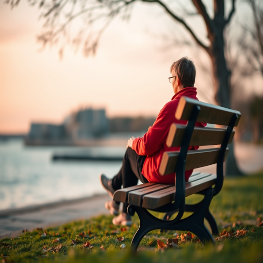 captured from a low angle with a Canon EOS R, 50mm lens, f/2.8, ISO 100, focus on the subject sitting on a bench overlooking the water, vibrant colors with a soft background blur, emphasizing the serene atmosphere of the scene with a shallow depth of field
