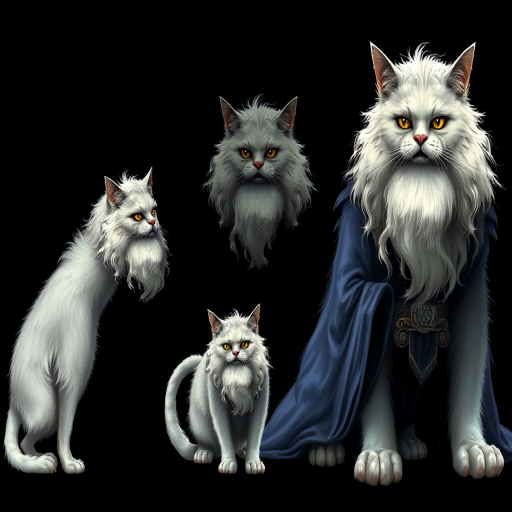animorph wizard whitebeard morphing into a Persian cat, step-by-step transformation, dark background