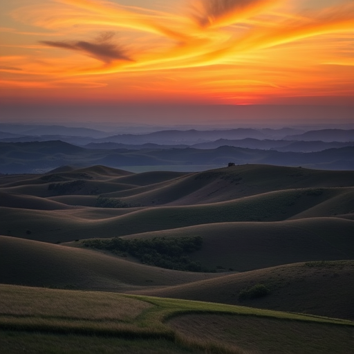 Generate an image of a serene landscape featuring rolling hills under a vibrant sunset sky, captured with a Canon EOS 5D Mark IV using a 24-70mm lens at f/8, ISO 200, shutter speed 1/125s, in landscape orientation with high dynamic range for enhanced color depth.