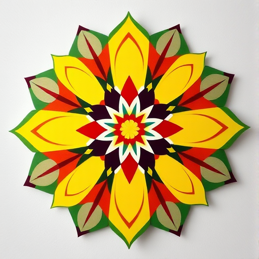 high-resolution image of a stylized geometric flower design, vibrant colors, circular shape, intricate patterns, soft lighting, focus on details, taken with a DSLR camera, f/2.8 aperture, ISO 100, 50mm lens, top-down view, natural light
