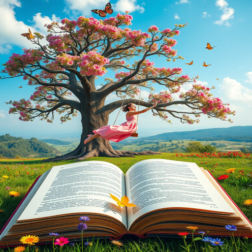 Create an enchanting scene of a large open book in a vibrant landscape featuring a magical tree and a young woman in a pink dress swinging, with colorful flowers and butterflies, captured with a DSLR camera at f/2.8, ISO 100, 24mm lens, in a wide-angle view for depth and clarity.