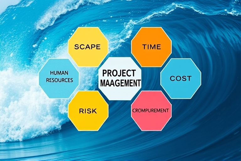 Create a high-resolution digital illustration of project management concepts, featuring interconnected hexagons labeled with "human resources," "scope," "quality," "time," "cost," "risk," "procurement," and "communication," overlaid on a dynamic blue wave background, using a DSLR camera with a 50mm lens, aperture set at f/4, ISO 100, and a clean focus for clarity.