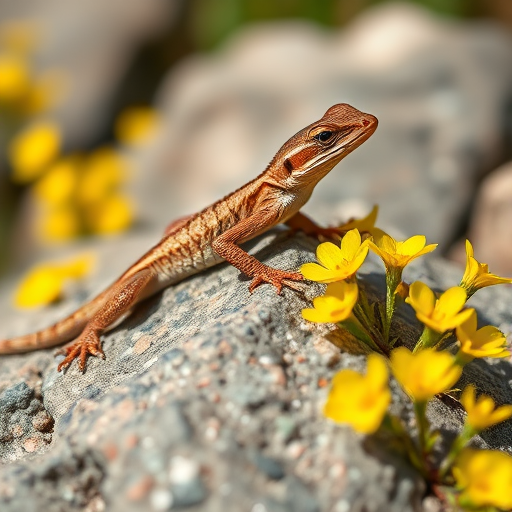 Lizard on rock with yellow flowers, natural lighting, close-up view, 50mm lens, f/2.8 aperture, ISO 100, 1/250 sec shutter speed, macro photography style.