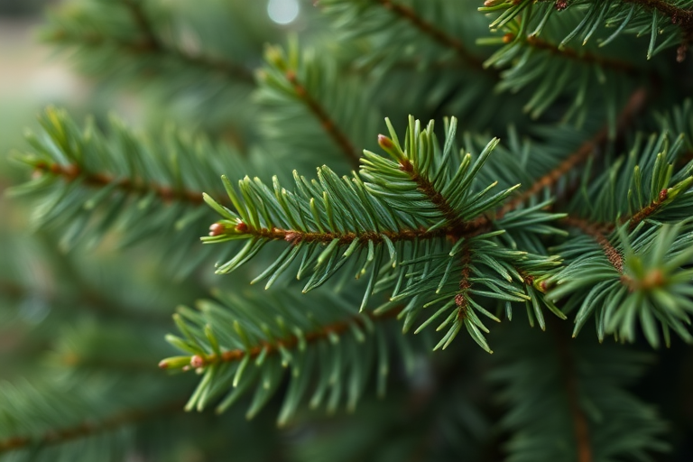 Close-up shot of lush green fir tree branches with detailed texture, natural lighting, f/2.8 aperture, 50mm lens, ISO 100, shot with a DSLR camera, shallow depth of field.