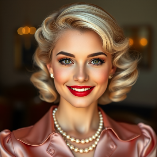 A beautiful Caucasian woman reminiscent of 1950s Hollywood glamour, with perfectly styled blonde hair and a seductive smile, dressed in a satin blouse and adorned with pearls, soft and warm tones, photorealistic, 8K