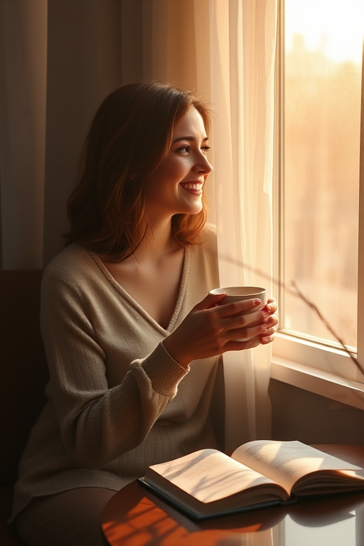 Softly lit, warm morning image of a woman sipping coffee by a window, sunlight streaming through sheer curtains, a book resting on the table beside her, shadows of tree branches dancing on the floor, soft smile on her face as she watches the world wake up outside.