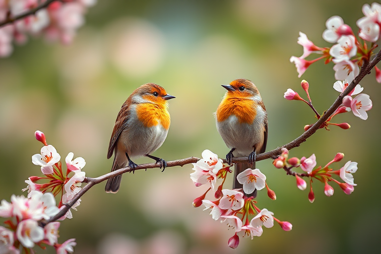capture two birds perched on a branch surrounded by blooming cherry blossom flowers, soft bokeh background, natural lighting, 85mm lens, f/1.8 aperture, ISO 200, shallow depth of field, DSLR camera, vivid colors