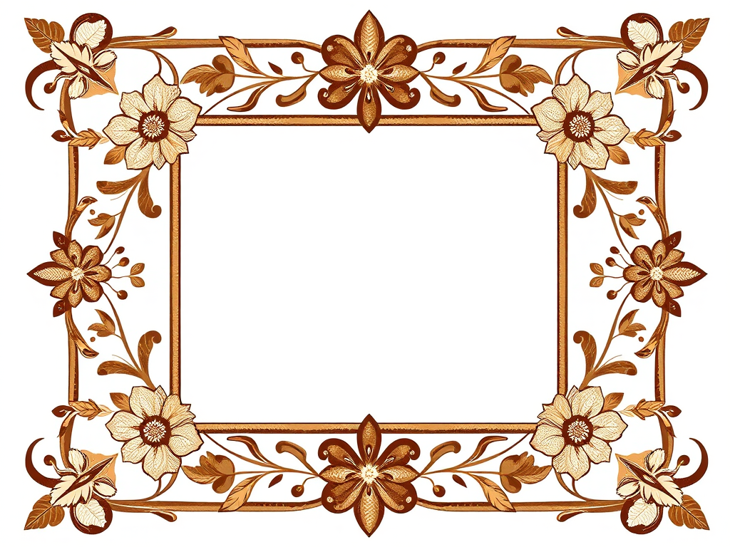 Create a high-resolution digital illustration of a decorative frame with intricate designs featuring flowers, leaves, and abstract shapes in earthy brown and cream colors, shot with a DSLR camera, 50mm lens, f/2.8 aperture, 1/125 sec shutter speed, and natural soft lighting to enhance texture and detail.