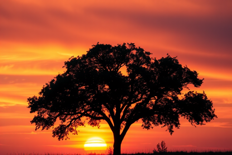 Create an abstract black silhouette of a tree against a vibrant sunset background with warm hues of orange, pink, and purple, taken with a DSLR camera, f/8 aperture, ISO 100, 50mm lens, and a wide-angle view to enhance the landscape.