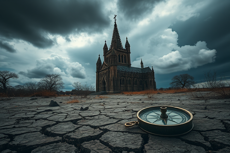 Create a surreal landscape featuring a gothic cathedral in the background with dark storm clouds, a cracked earth foreground, and a vintage compass, shot with a DSLR camera at f/8, ISO 200, 24mm lens, using a wide-angle view for dramatic effect.