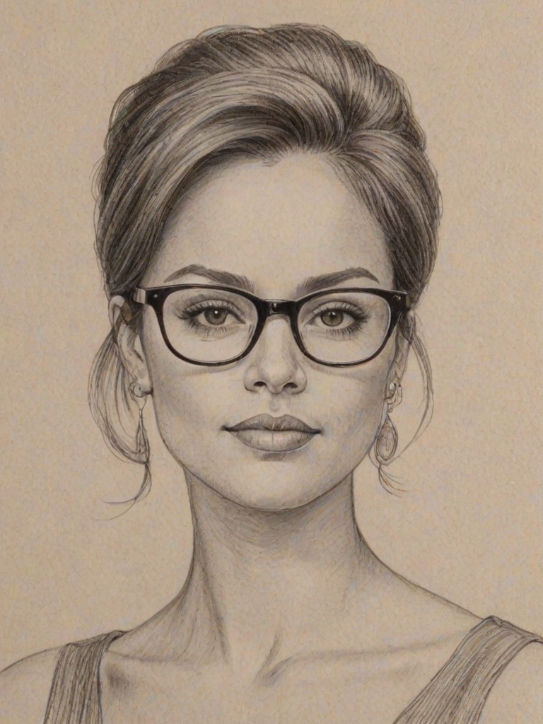 Attractive Tammy Townsend, pencil sketch, portrait of Resplendent woman 1963s in glasses, hair style beatnik, outline, clear lines, fine lines, 8k