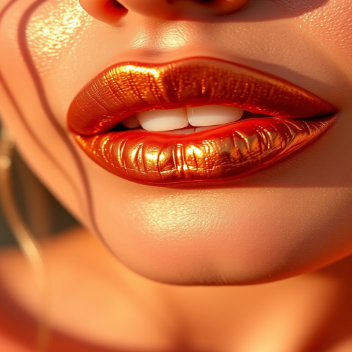 Metallic bronze lips gleam with sun-kissed radiance in the "Golden Hour Glow" look, featuring a warm, shimmering finish that captures the essence of late afternoon sunlight, creating a luxurious and flattering lip color that complements a wide range of skin tones and adds a touch of glamour to any makeup look