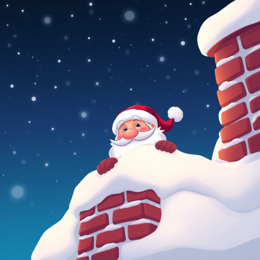 Create a vibrant cartoon illustration of Santa Claus peeking over a snow-covered chimney at night, with twinkling stars in the sky, using a digital camera setting of ISO 100, aperture f/5.6, shutter speed 1/60s, capturing a close-up view in a whimsical style to enhance color saturation and clarity.